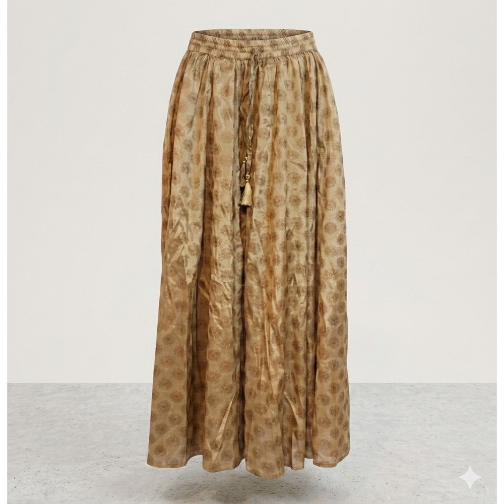 Gold Floral Medallion Full Maxi Skirt Tassel Tie S/M Festival Boho Cottage Flowy